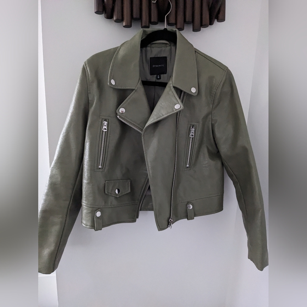 Dynamite Women's Olive Green Leather Biker Jacket - Size US M - NWOT